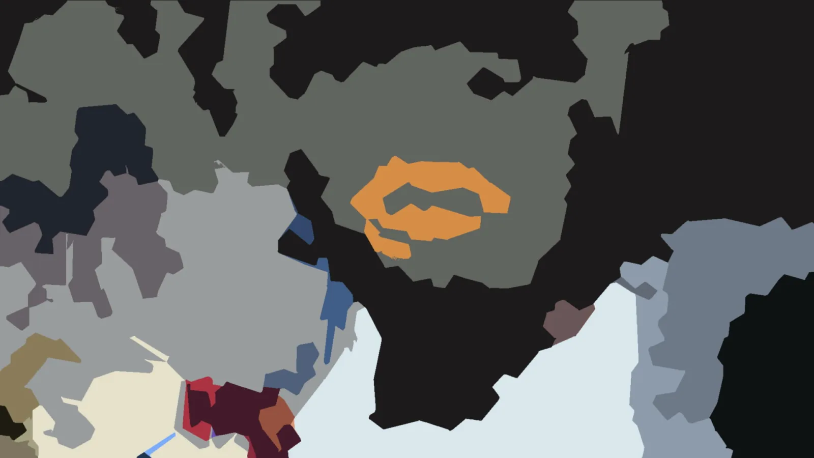 Abstrakte Komposition aus flachen, kantigen Flächen in Grau, Schwarz, Blau und Rot, in der Mitte ein orangefarbener Ring.
