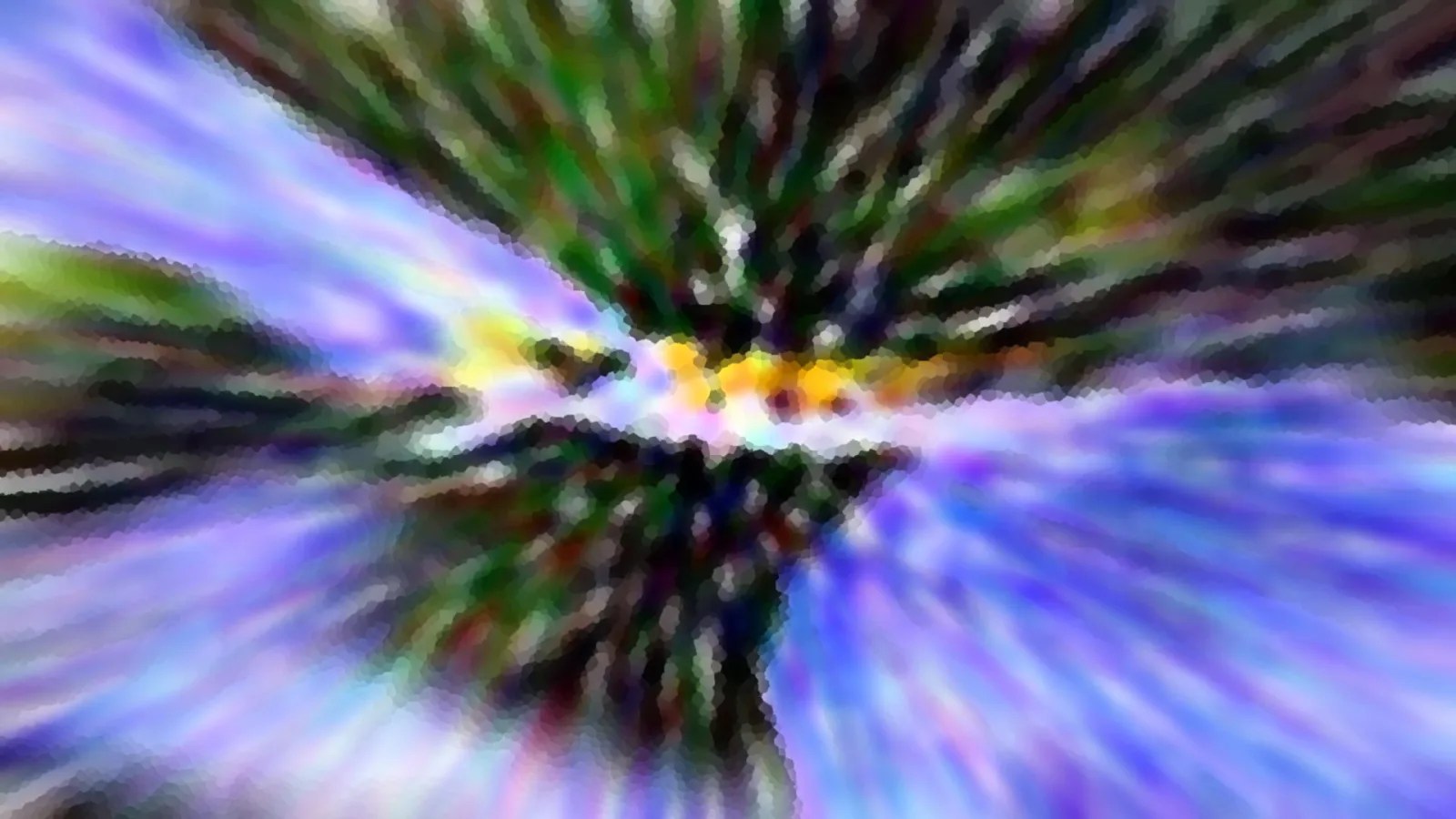 Abstrakte Radialunschärfe mit violetten, blauen und grünen Streifen rund um ein gelbes Zentrum