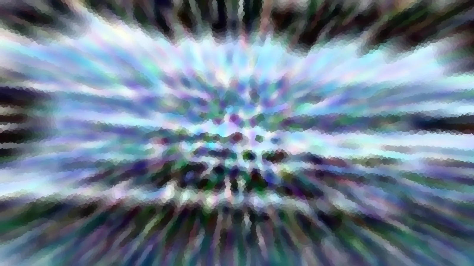 Abstrakte Komposition aus radial verlaufenden blau-violetten und grünen Strahlen mit mosaikartiger Körnung