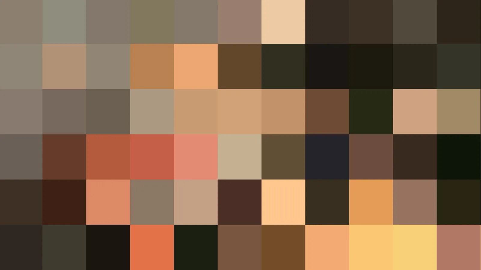 Mosaik aus quadratischen Farbfeldern in Braun-, Beige-, Orange- und Schwarztönen, in sechs Reihen angeordnet.