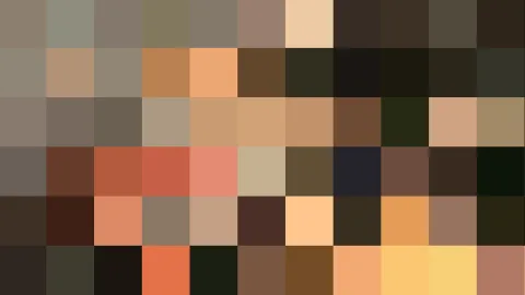 Mosaik aus quadratischen Farbfeldern in Braun-, Beige-, Orange- und Schwarztönen, in sechs Reihen angeordnet.