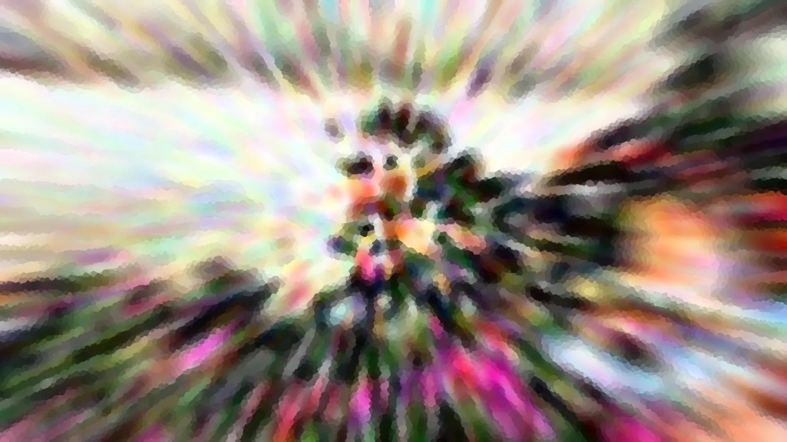 Abstrakte Komposition aus bunten, radial verwischten Streifen, in der Mitte ein dunkles, verpixeltes Motiv.