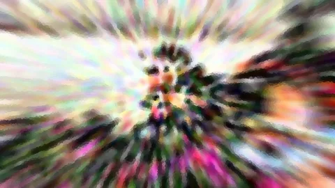 Abstrakte Komposition aus bunten, radial verwischten Streifen, in der Mitte ein dunkles, verpixeltes Motiv.