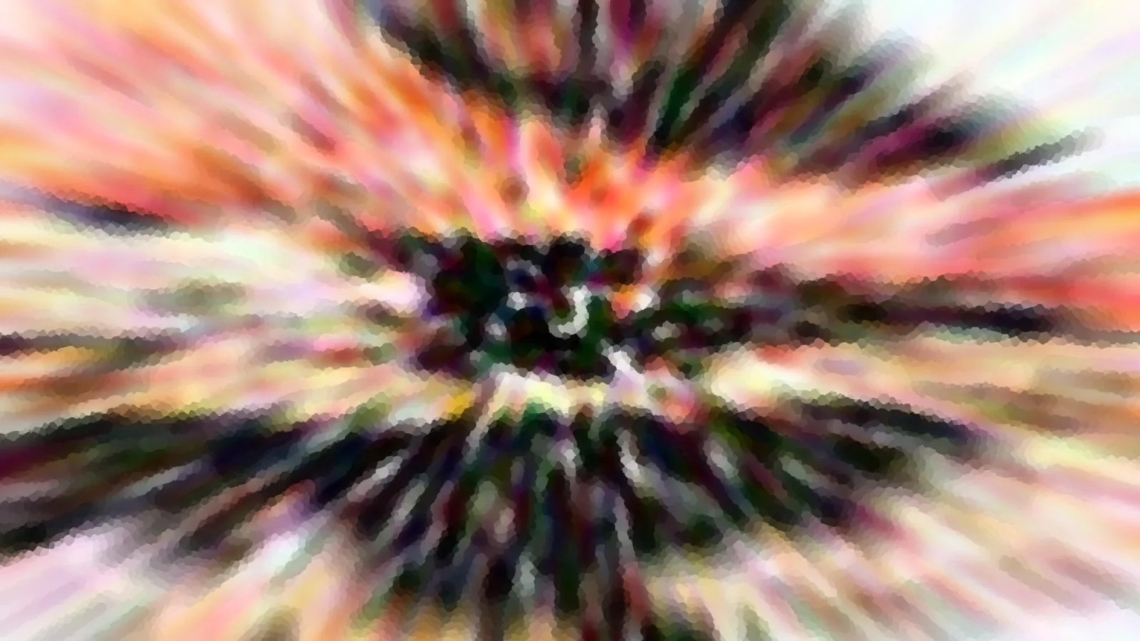 Abstraktes Bild mit radialer Unschärfe, die von der Mitte nach außen strahlt. Farben wechseln zwischen Rosa, Orange, Grün und Weiß, im Zentrum sind dunkle Flecken zu erkennen.