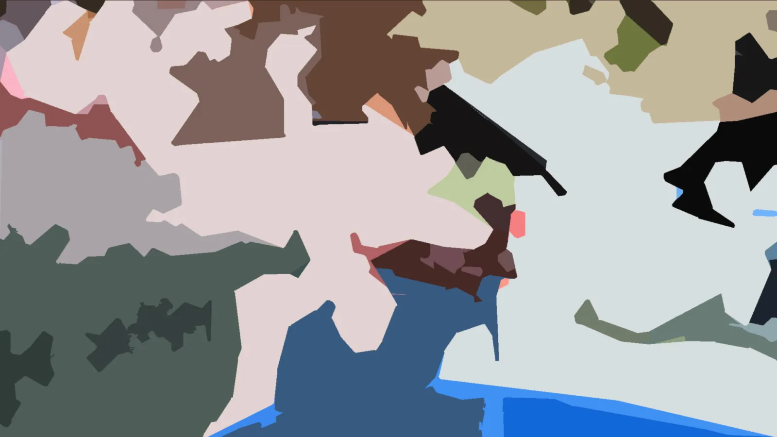 Abstrakte Komposition aus flachen, kantigen Farbflächen in Rosa, Braun, Dunkelgrün, Blau, Hellgrau und Schwarz.