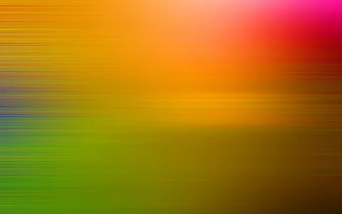Abstrakte Komposition aus horizontalen Linien in Orange, Gelb, Grün und Magenta, die von links nach rechts in einen dunkleren braunen Bereich übergeht.