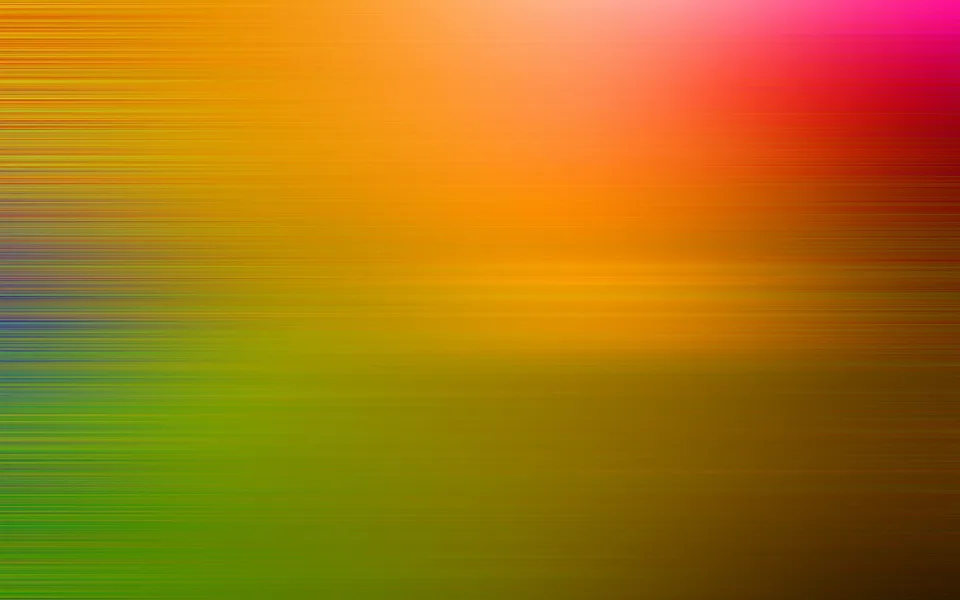 Abstrakte Komposition aus horizontalen Linien in Orange, Gelb, Grün und Magenta, die von links nach rechts in einen dunkleren braunen Bereich übergeht.