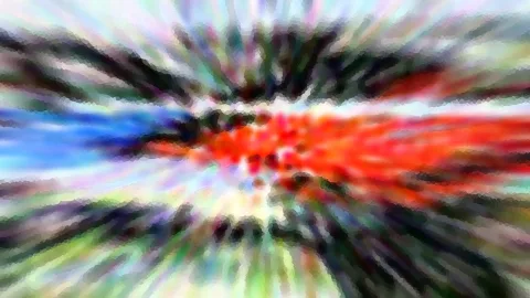 Abstrakte Komposition aus radial auseinanderlaufenden Streifen in Rot, Blau, Schwarz und Weiß.