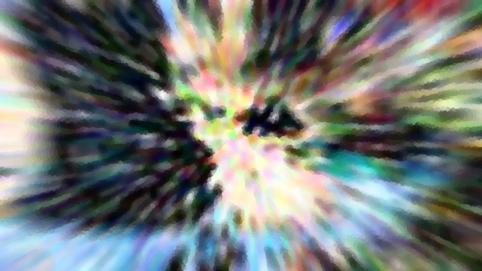 Abstraktes Bild mit bunten Farbstrahlen, die von einem dunklen Zentrum in der Bildmitte nach außen laufen, in Mosaik-Optik aufgelöst.