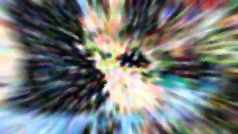 Abstraktes Bild mit bunten Farbstrahlen, die von einem dunklen Zentrum in der Bildmitte nach außen laufen, in Mosaik-Optik aufgelöst.