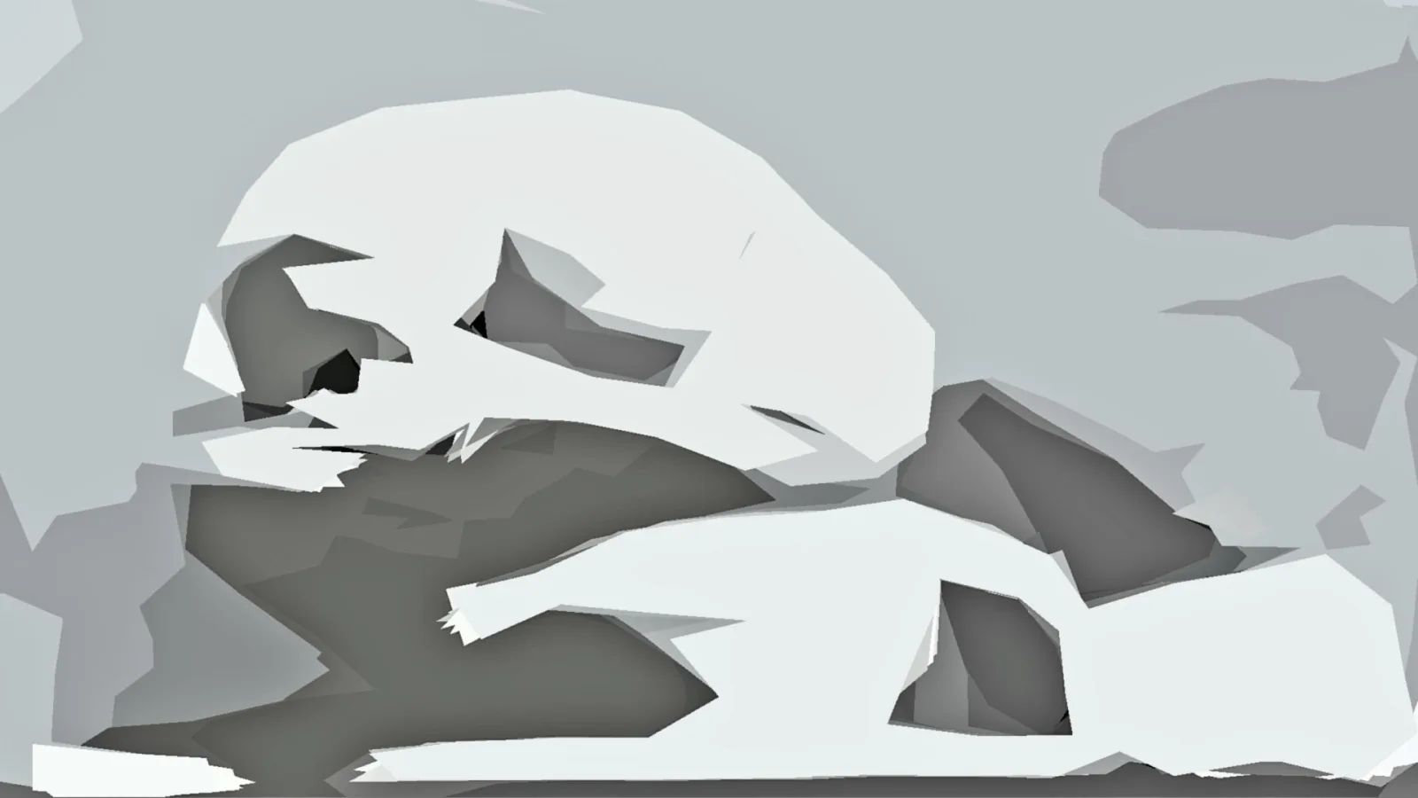 Abstrakte Komposition aus flachen, kantigen grauen und weißen Formen vor hellgrauem Hintergrund, die Mitte und der untere Bereich sind dichter gefüllt.
