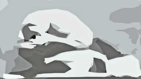 Abstrakte Komposition aus flachen, kantigen grauen und weißen Formen vor hellgrauem Hintergrund, die Mitte und der untere Bereich sind dichter gefüllt.
