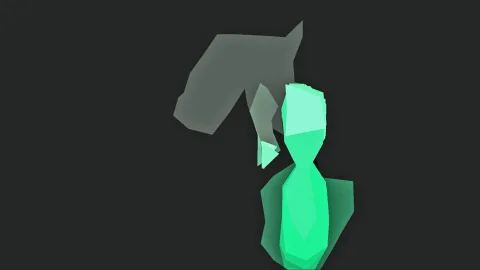 Abstrakte Komposition aus flachen Polygonen auf dunklem Grund: links oben ein grauer Pferdekopf im Profil, rechts daneben eine grün leuchtende, stilisierte Büste.