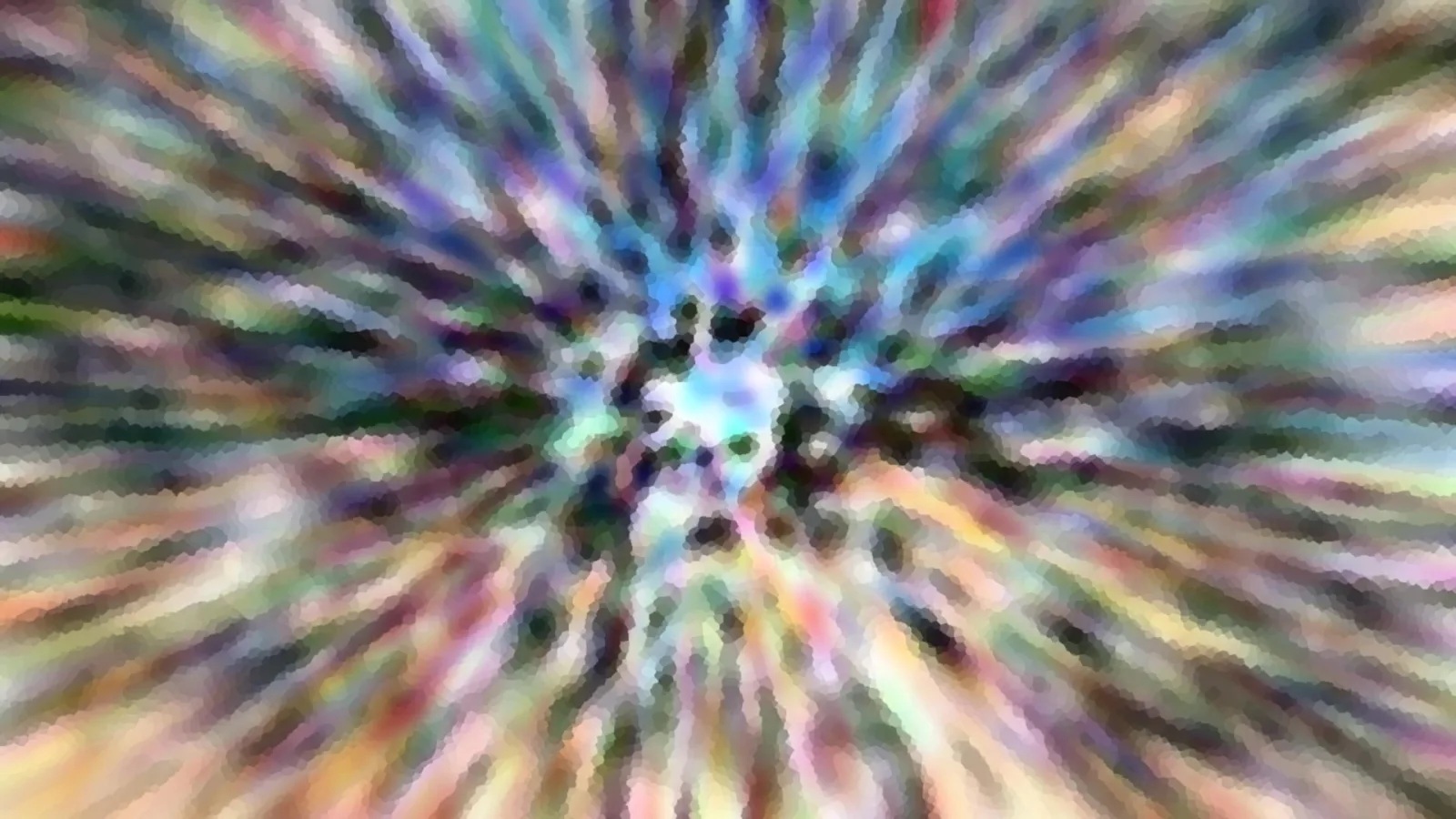 Abstraktes Bild mit radialen, bunten Streifen in Blau, Grün, Violett und Gelb, die von einem hellen Zentrum nach außen strahlen. Das Bild wirkt wie aus kleinen Farbflächen mosaikartig zusammengesetzt.