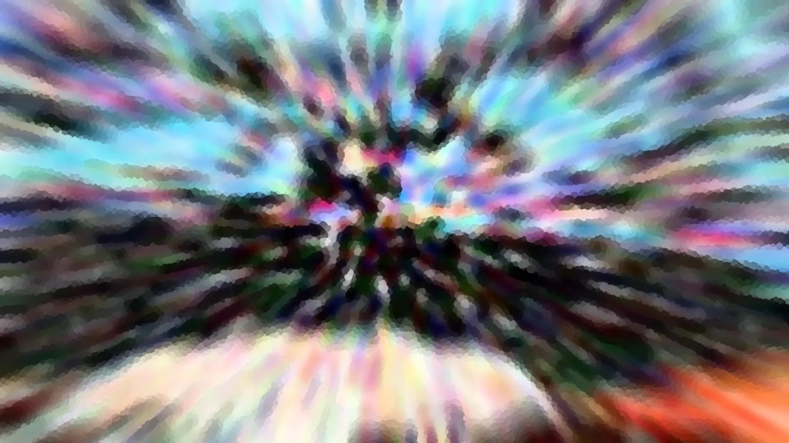 Abstrakte Komposition aus radial verlaufenden, bunten Schlieren in Blau, Violett, Grün und Orange, die von einem dunklen Zentrum nach außen strahlen, unten hell verschwommen.