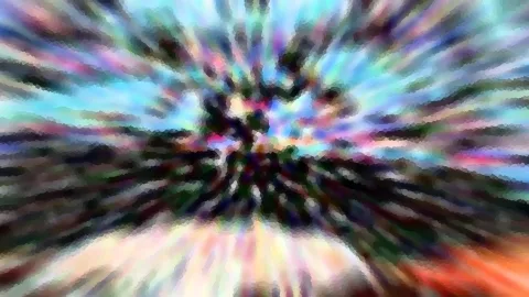 Abstrakte Komposition aus radial verlaufenden, bunten Schlieren in Blau, Violett, Grün und Orange, die von einem dunklen Zentrum nach außen strahlen, unten hell verschwommen.