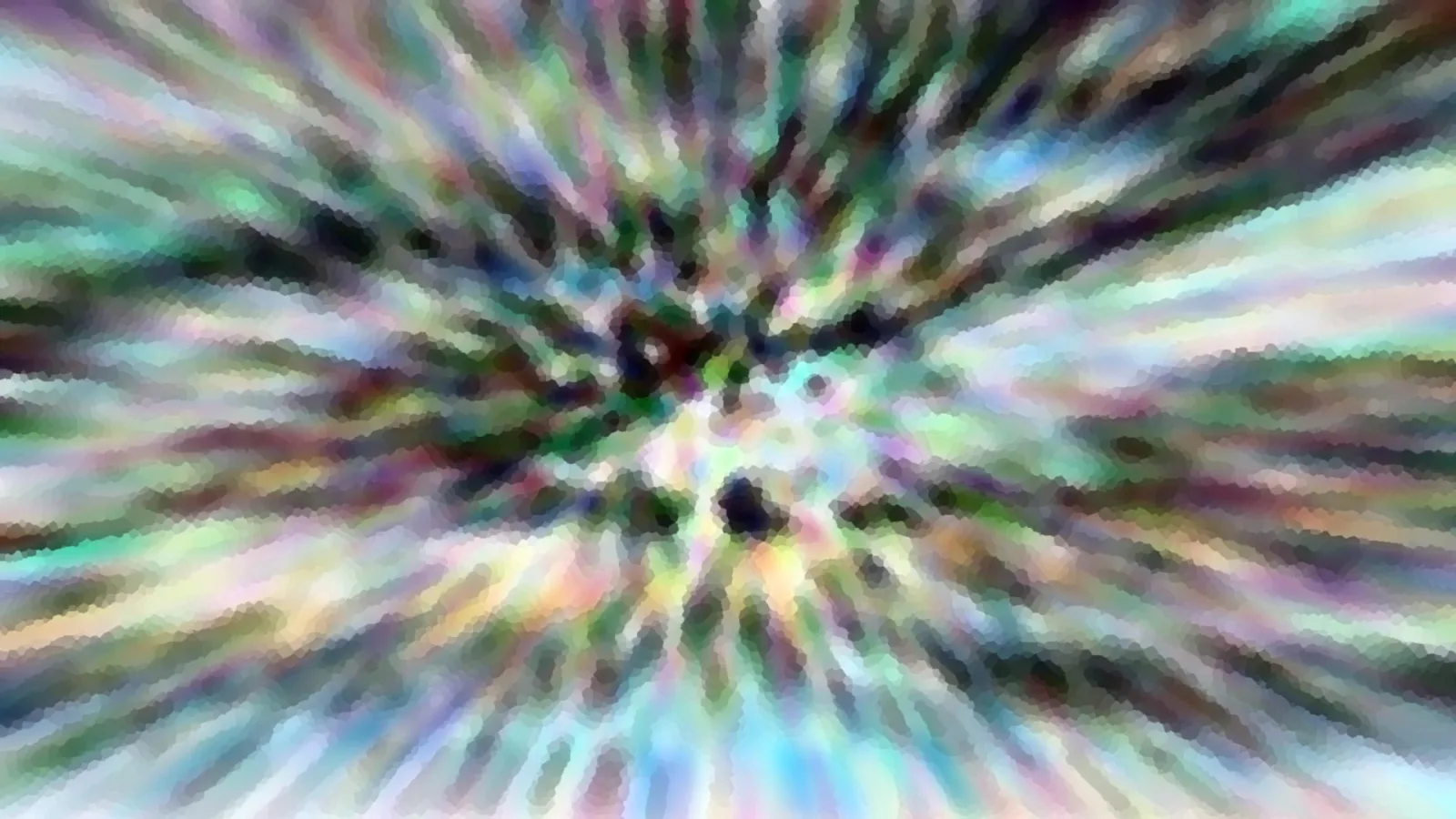 Abstraktes Bild mit bunten, pastellfarbenen Streifen, die von einem dunklen Zentrum radial nach außen laufen, mit grobem Mosaikraster.