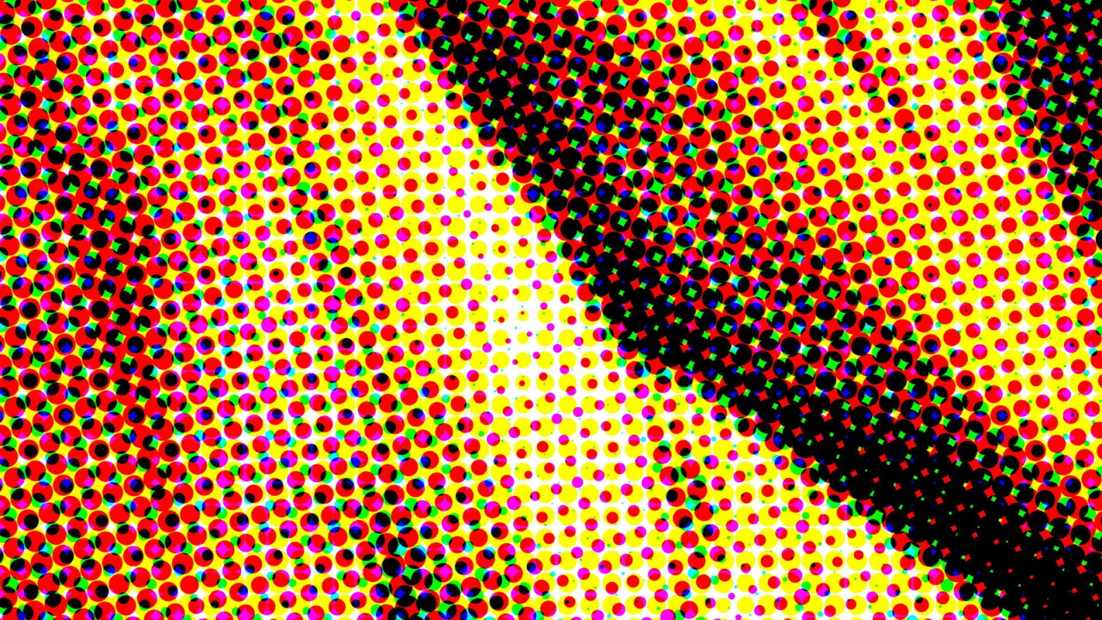 Abstraktes Muster aus roten, gelben und schwarzen Punkten mit einem diagonalen schwarzen Band.