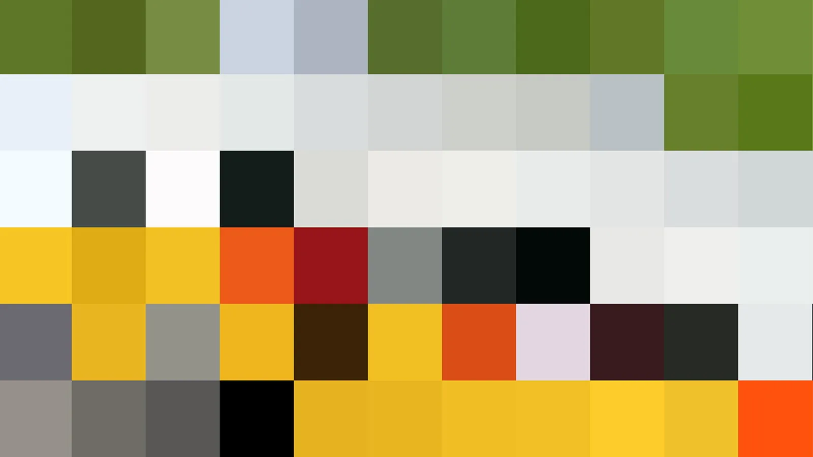 Pixelmosaik aus farbigen Quadraten in sechs Reihen: oben Grüntöne, darunter Weiß und Grau, unten Gelb, Orange, Rot und Schwarz.
