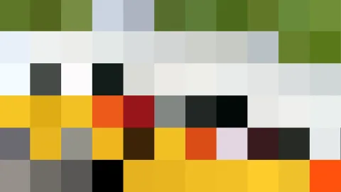 Pixelmosaik aus farbigen Quadraten in sechs Reihen: oben Grüntöne, darunter Weiß und Grau, unten Gelb, Orange, Rot und Schwarz.