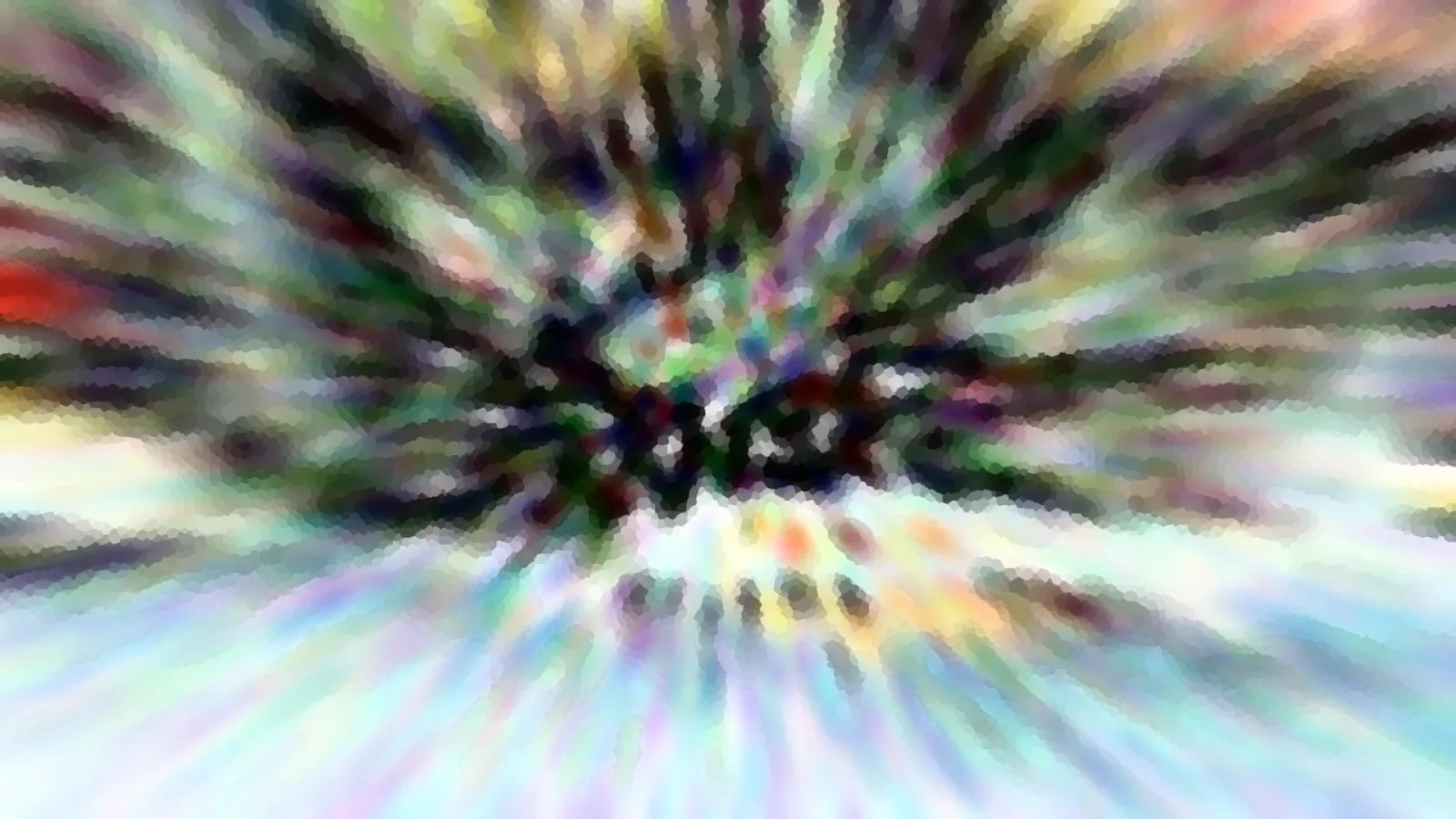 Abstraktes Bild mit farbigen Streifen, die von einem dunklen Zentrum in der Mitte radial nach außen strahlen, verwischt und leicht pixelig.