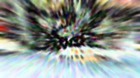 Abstraktes Bild mit farbigen Streifen, die von einem dunklen Zentrum in der Mitte radial nach außen strahlen, verwischt und leicht pixelig.