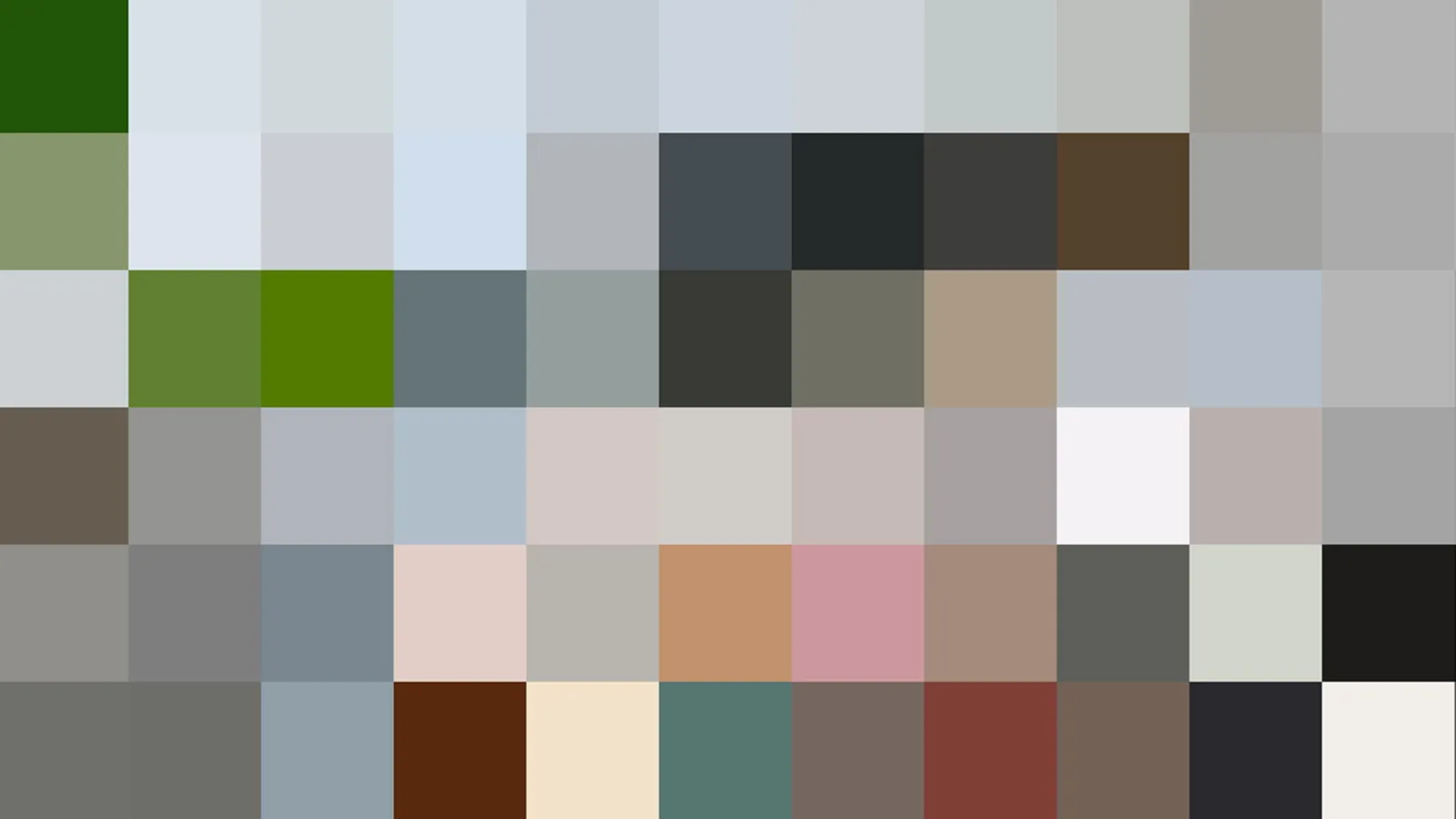 Ein Raster aus quadratischen Pixelblöcken in gedämpften Grau-, Grün-, Beige- und Rottönen, dazu einzelne dunkle und helle Felder.