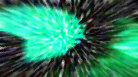 Abstrakte Komposition mit türkisfarbenem Licht im Zentrum, radial umgeben von dunklen Schlieren.