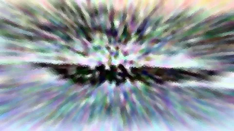 Abstrakte Komposition aus radial von der Mitte nach außen verlaufenden, verwischten Streifen in Grün, Violett, Rosa und Weiß, im Zentrum ein dunkler Bereich.