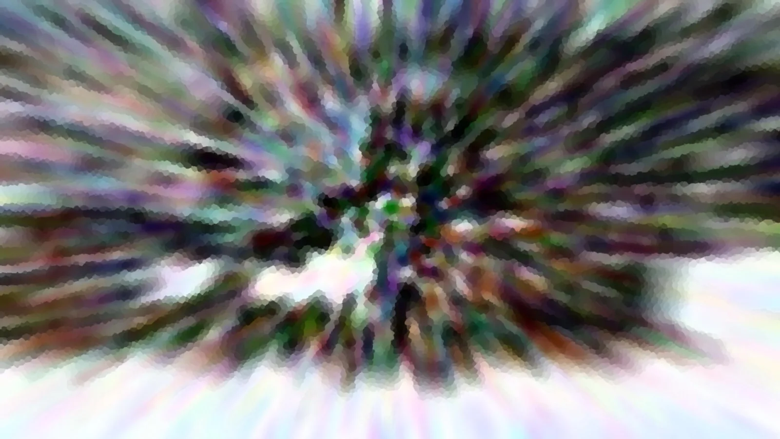 Abstrakte Komposition aus bunten, dunklen und hellen Streifen, die radial von einer Mitte nach außen laufen, mit grobem Mosaikraster.