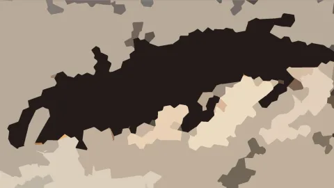 Abstrakte Komposition aus flachen beigen, grauen und schwarzbraunen Formen; eine dunkle Form verläuft diagonal von links unten nach rechts oben.