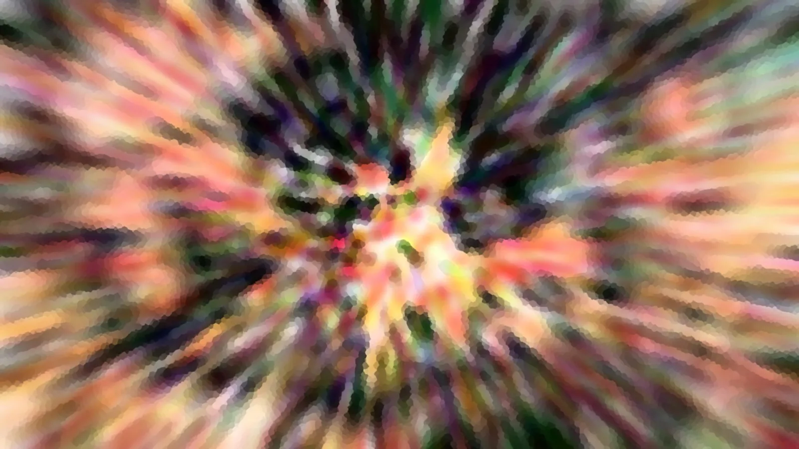 Abstraktes Bild mit einem Zentrum aus Farben, von dem radial Streifen in Rosa, Orange, Grün und Violett nach außen laufen, Kanten wirken gepixelt.