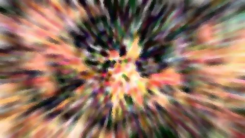 Abstraktes Bild mit einem Zentrum aus Farben, von dem radial Streifen in Rosa, Orange, Grün und Violett nach außen laufen, Kanten wirken gepixelt.