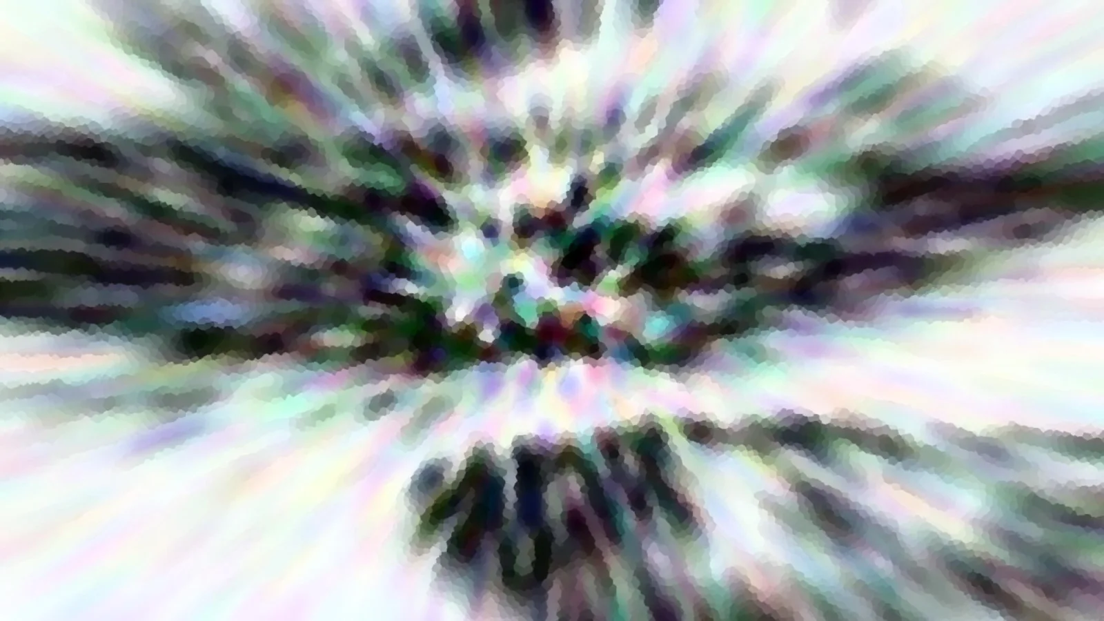 Abstraktes Bild mit radialen, unscharfen Streifen in Schwarz, Weiß und Pastellfarben, die von einem dunklen Zentrum nach außen strahlen.