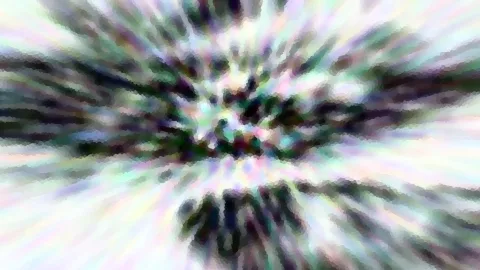 Abstraktes Bild mit radialen, unscharfen Streifen in Schwarz, Weiß und Pastellfarben, die von einem dunklen Zentrum nach außen strahlen.