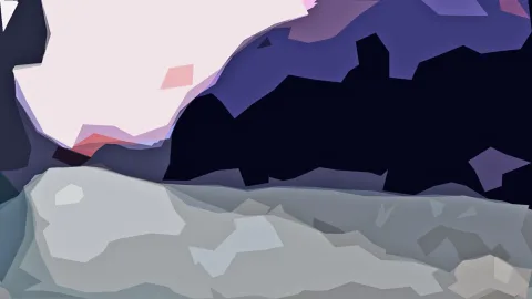 Abstrakte Komposition aus scharfkantigen Flächen in Violett, Dunkelblau und Schwarz, oben links eine helle rosaweiße Form, unten ein graues Band.