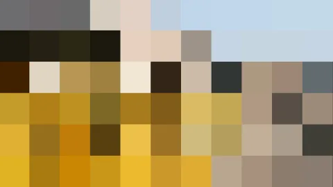 Abstraktes Raster aus rechteckigen Farbfeldern in Gelb, Ocker, Beige, Braun und Grau, oben in hellem Blaugrau.