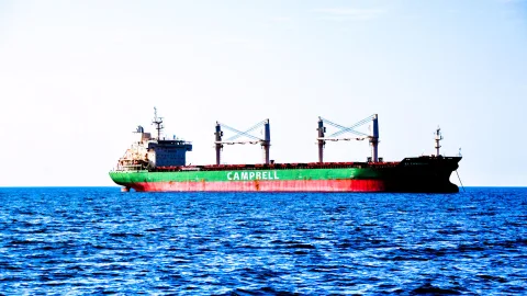 Ein grün und rot gestrichenes Frachtschiff mit der Aufschrift CAMPBELL und Kränen fährt über ein blaues, leicht bewegtes Meer unter hellem Himmel.