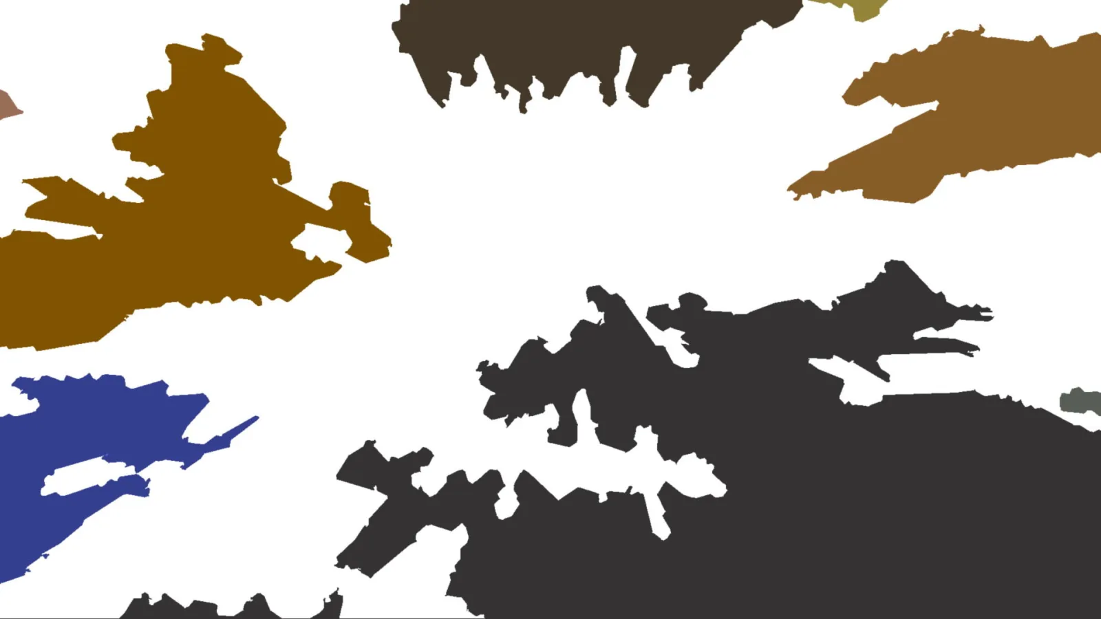 Abstrakte Komposition aus unregelmäßigen, zackigen Farbflächen in Braun, Dunkelgrau und Blau auf weißem Grund.