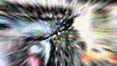 Abstrakte Komposition aus bunten, radial vom Zentrum nach außen laufenden Schlieren und verwischten Farbflächen