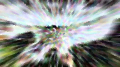 Abstrakte Komposition aus pastellfarbenen Streifen, die von einem zentralen Punkt nach außen strahlen, mit grünen und dunklen Flächen am unteren Rand und pixeligem Mosaikeffekt.