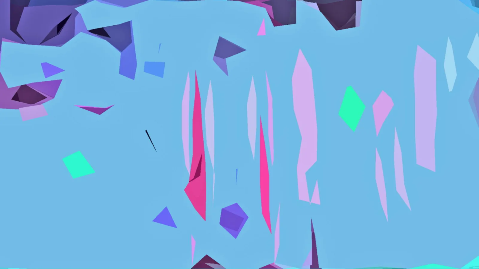 Abstraktes Bild mit kantigen Formen in Pink, Violett und Mintgrün auf hellblauem Grund, oben links dunklere Flächen.