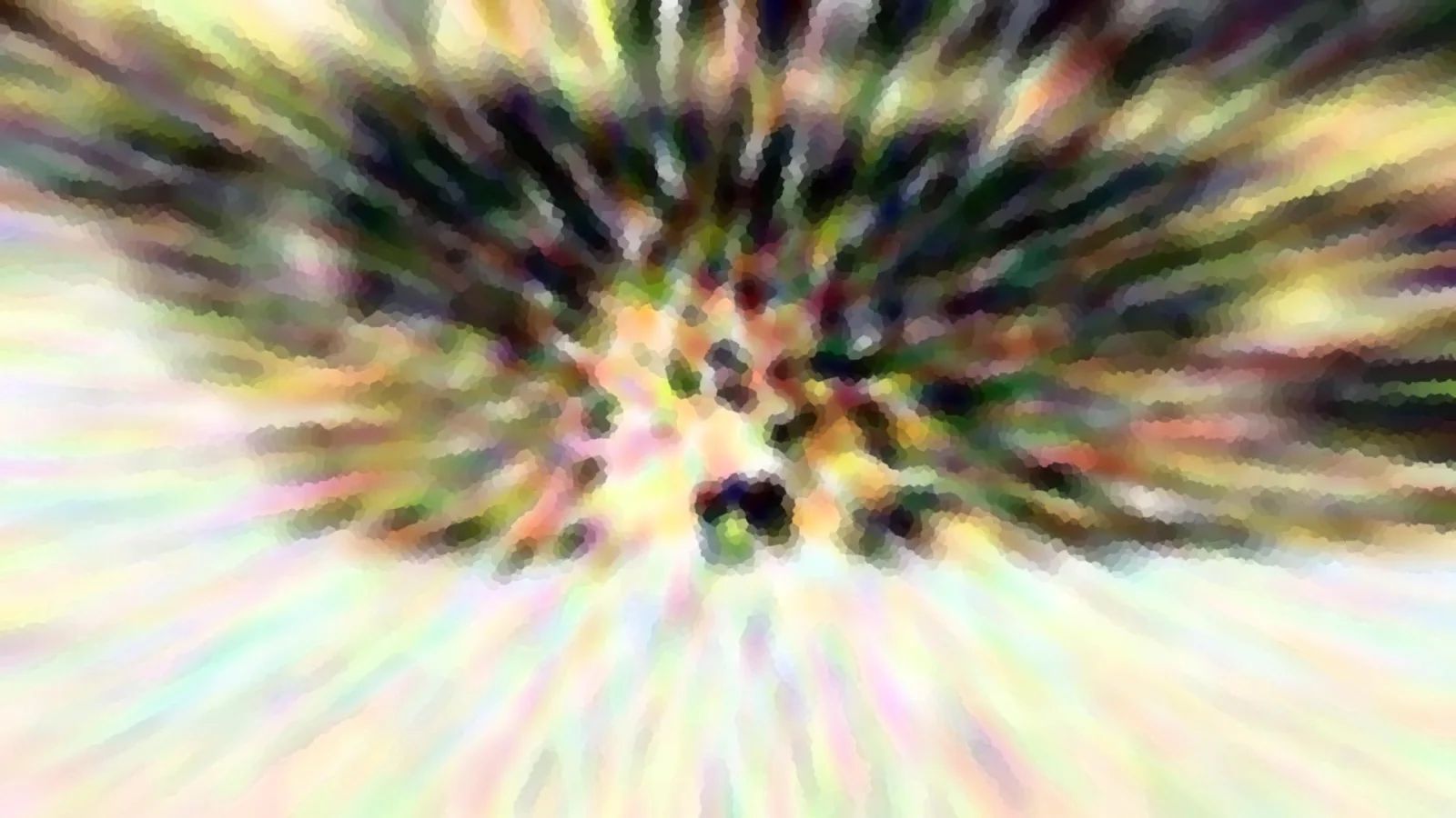 Abstrakte Komposition mit bunten Schlieren, die von einem dunklen Zentrum radial nach außen strahlen, mit grobem Pixelmuster.