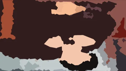 Abstrakte Komposition aus flachen, unregelmäßig geformten Farbflächen in Dunkelbraun, Orange, Pfirsich und Graublau.