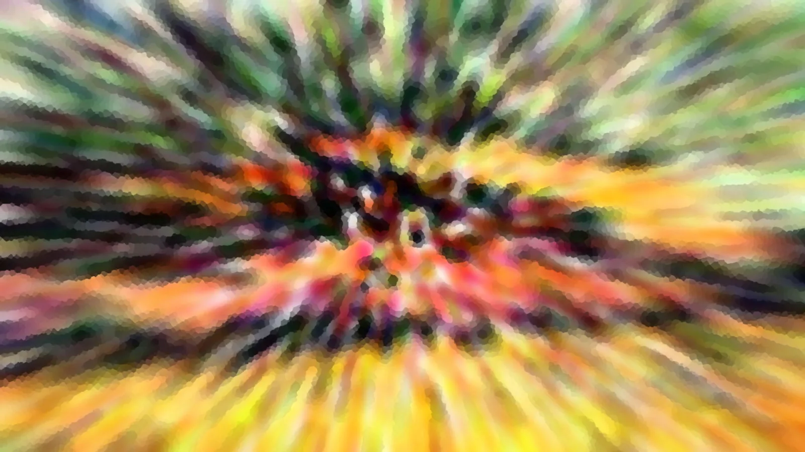 Abstrakte Komposition aus radial von einem dunklen Zentrum nach außen laufenden Farbstrahlen in Grün, Orange, Gelb und Rot, mosaikartig gebrochen.
