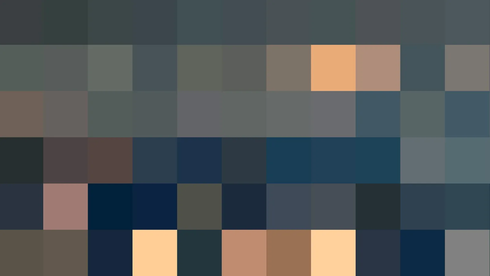Mosaik aus quadratischen Farbfeldern in Grau, Blau, Braun und Orange, in fünf Reihen angeordnet.