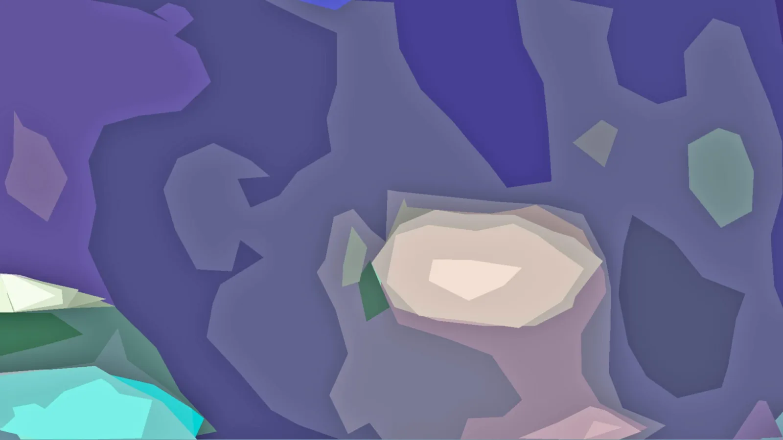 Abstrakte Komposition aus flachen, unregelmäßigen Flächen in Violett, Blau und Grau, in der Mitte ein helles cremefarbenes Oval, darunter rosa Töne und unten links türkise und grüne Flächen.
