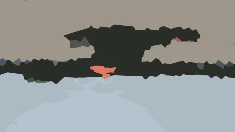 Abstrakte Komposition aus dunklen, kantigen Flächen vor hellgrauem Grund mit einem kleinen lachsfarbenen Akzent
