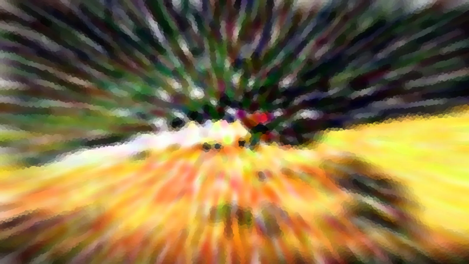 Abstrakte Komposition mit radialer Bewegungsunschärfe: Streifen in Grün, Schwarz und Violett laufen von oben in die Bildmitte, unten dominieren Gelb und Orange, dazwischen helle Lichtpunkte.