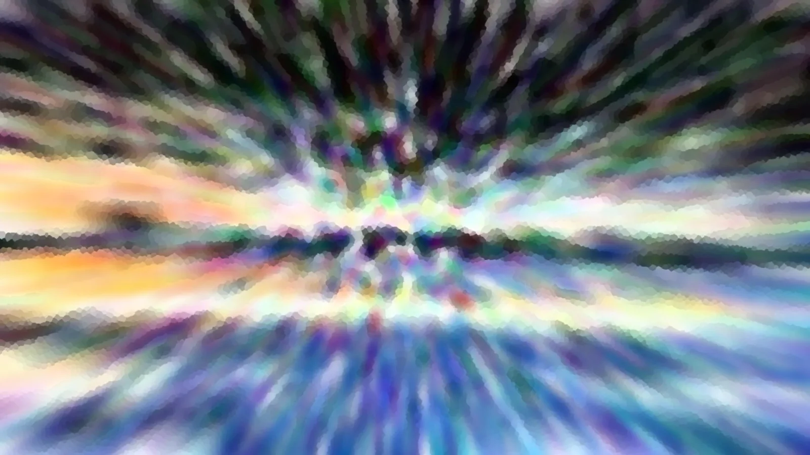 Abstrakte Komposition aus radial von der Mitte nach außen verlaufenden, verwischten Farbstreifen in Blau, Orange, Grün und Violett, mit einer dunklen Horizontlinie in der Bildmitte.